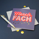 Welsh Baby Girl Card, Merch Fach, Pink with gold stars, with gold foil