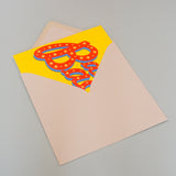 Welsh New Baby Card, Babi Bach, Red on yellow background, with gold foil