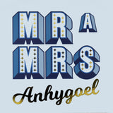 Welsh Wedding Card, Mr a Mrs Anhygoel, Blue block letters, with gold foil
