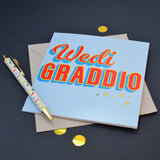 Welsh Graduation Card, Wedi Graddio, Red block letters, with gold foil
