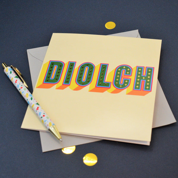 Welsh Thank You Card, Diolch, Green block letters, with gold foil