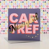 Welsh New Home Card, Cartref Newydd, Pink on Plum, with gold foil