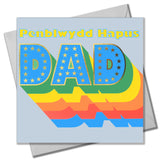 Welsh Dad Birthday Card, Penblwydd Hapus, Rainbow letters, gold foil