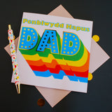 Welsh Dad Birthday Card, Penblwydd Hapus, Rainbow letters, gold foil