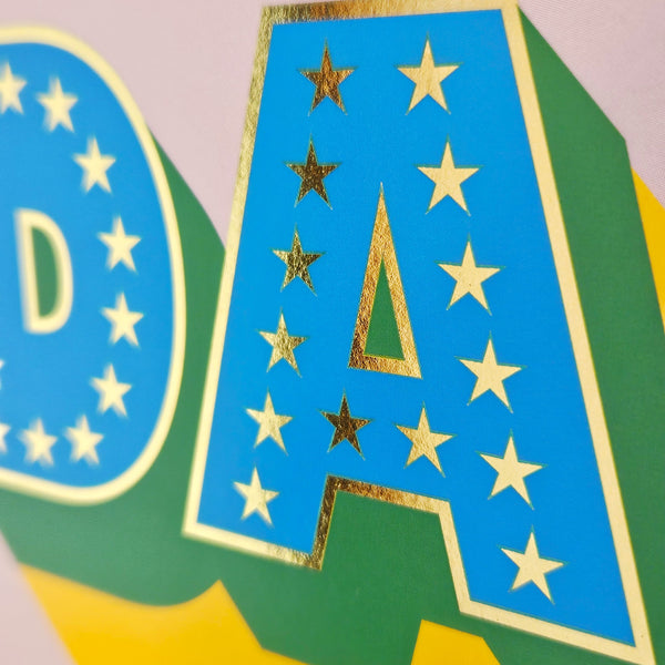 Welsh Dad Birthday Card, Penblwydd Hapus, Rainbow letters, gold foil