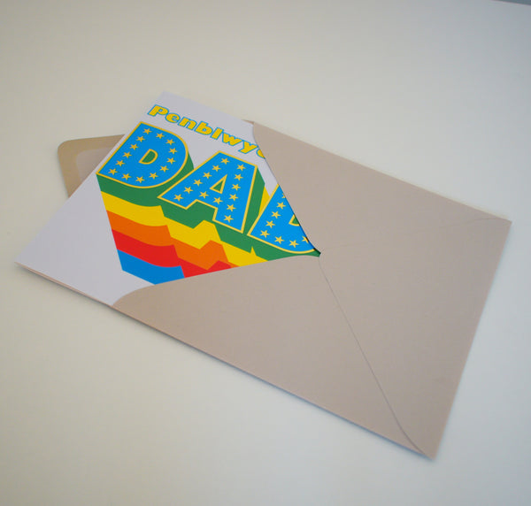 Welsh Dad Birthday Card, Penblwydd Hapus, Rainbow letters, gold foil