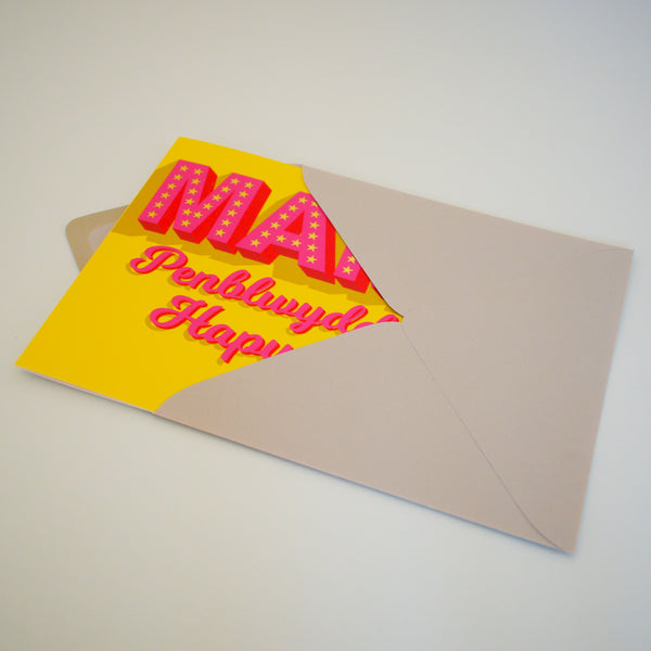 Welsh Mam Birthday Card, Penblwydd Hapus, Pink on Yellow, gold foil