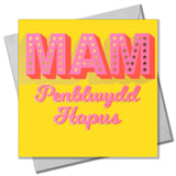 Welsh Mam Birthday Card, Penblwydd Hapus, Pink on Yellow, gold foil