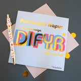 Welsh Friend Birthday Card, Fun/Drunk, Difyr/Meddw, gold foil text