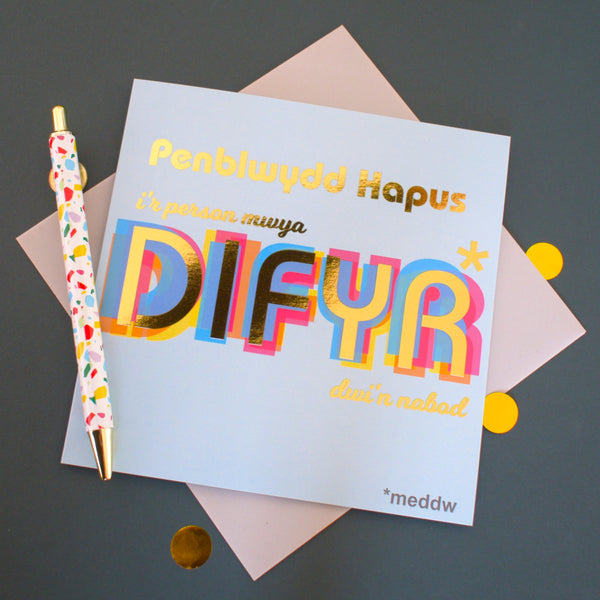 Welsh Friend Birthday Card, Fun/Drunk, Difyr/Meddw, gold foil text
