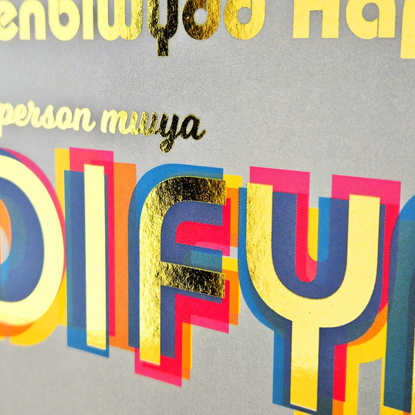Welsh Friend Birthday Card, Fun/Drunk, Difyr/Meddw, gold foil text