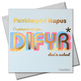 Welsh Friend Birthday Card, Fun/Drunk, Difyr/Meddw, gold foil text