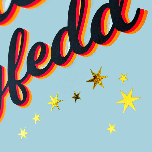 Welsh Weird Relative Birthday Card, Lleia Rhyfedd, Loopy text, gold foil