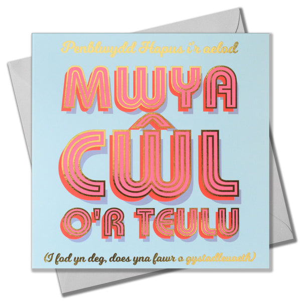 Welsh Cool Relative Birthday Card, Cwl, Pink Text on Blue, gold foil