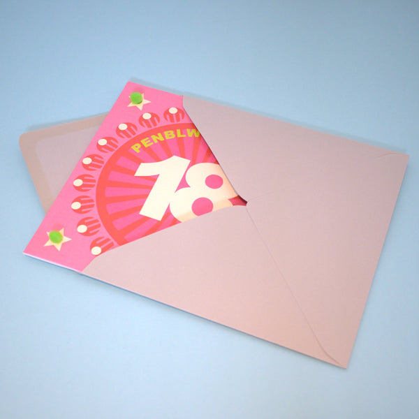 Welsh Age 18 - Pink Circle, Happy 18th Birthday, Embellished with pompoms