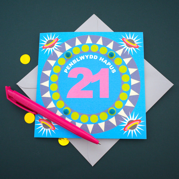 Welsh Age 21 - Blue Circle, Happy 21st Birthday, Embellished with pompoms