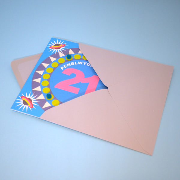 Welsh Age 21 - Blue Circle, Happy 21st Birthday, Embellished with pompoms