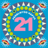 Welsh Age 21 - Blue Circle, Happy 21st Birthday, Embellished with pompoms