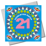 Welsh Age 21 - Blue Circle, Happy 21st Birthday, Embellished with pompoms