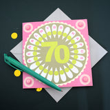 Welsh Age 70 - Flower Power, Happy 70th Birthday, Embellished with pompoms