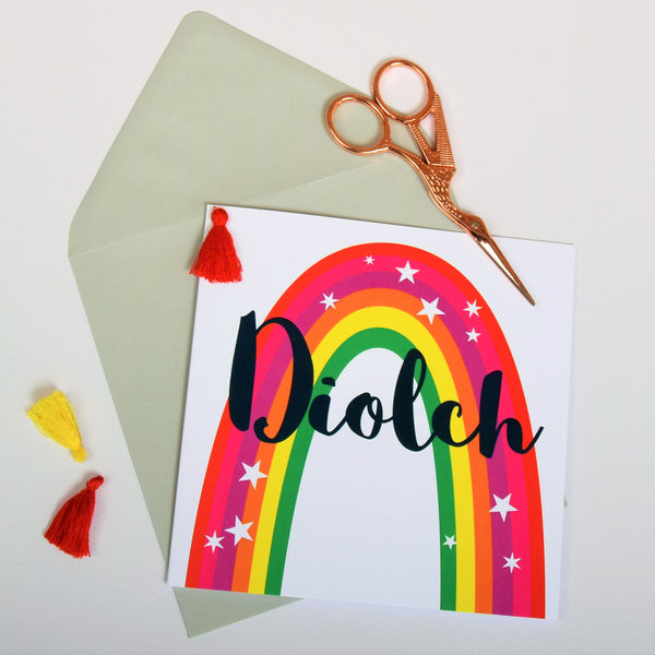 Welsh Thank You Card, Diolch, Rainbow, Embellished with a colourful tassel
