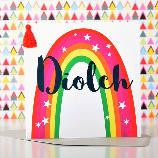 Welsh Thank You Card, Diolch, Rainbow, Embellished with a colourful tassel