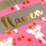 Welsh Christmas Card, Fairies on Pink, text foiled in shiny gold
