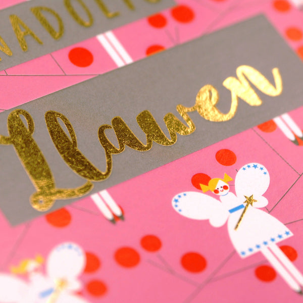 Welsh Christmas Card, Fairies on Pink, text foiled in shiny gold