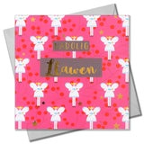 Welsh Christmas Card, Fairies on Pink, text foiled in shiny gold