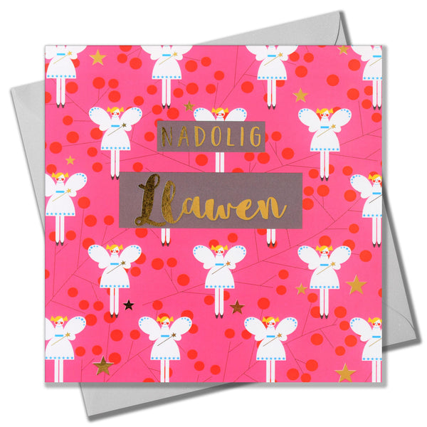 Welsh Christmas Card, Fairies on Pink, text foiled in shiny gold