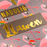 Welsh Christmas Card, Flamingoes and Holly, text foiled in shiny gold