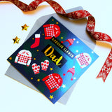 Welsh Christmas Card, Dad Jumpers & Mittens, text foiled in shiny gold