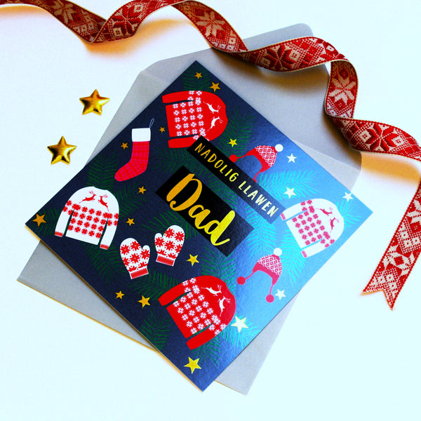 Welsh Christmas Card, Dad Jumpers & Mittens, text foiled in shiny gold