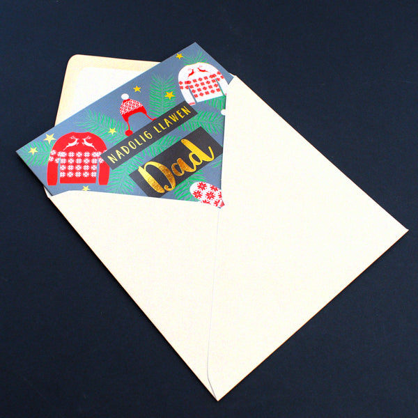 Welsh Christmas Card, Dad Jumpers & Mittens, text foiled in shiny gold
