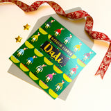 Welsh Christmas Card, Dadi, Daddy Subuteo & Santa hats, text foiled in shiny gold