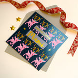 Welsh Christmas Card, Mami, Mummy Reindeers & Lights, text foiled in shiny gold