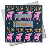 Welsh Christmas Card, Mami, Mummy Reindeers & Lights, text foiled in shiny gold