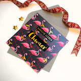 Welsh Christmas Card, Chwaer, Sister Flamingoes & Holly, text foiled in shiny gold
