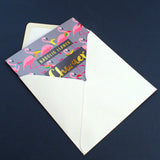 Welsh Christmas Card, Chwaer, Sister Flamingoes & Holly, text foiled in shiny gold