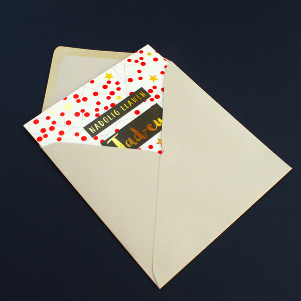 Welsh Christmas Card, Tad-cu, Grandpa Berries & Twigs, text foiled in shiny gold