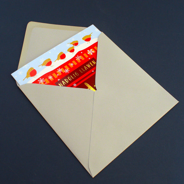 Welsh Christmas Card, Dad-cu, Grandad Robins, text foiled in shiny gold