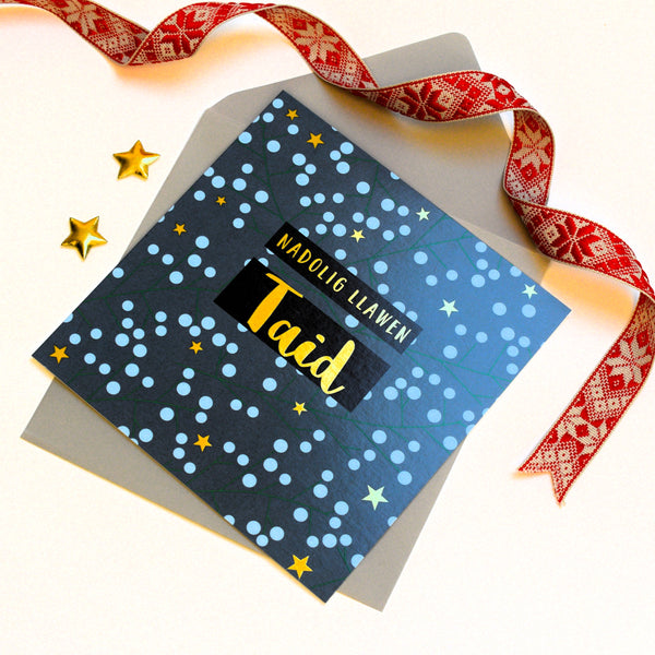 Welsh Christmas Card, Taid, Grandad Berries & Stars, text foiled in shiny gold
