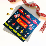 Welsh Christmas Card, Wncwl, Uncle Subuteo & Cars, text foiled in shiny gold