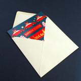 Welsh Christmas Card, Wncwl, Uncle Subuteo & Cars, text foiled in shiny gold