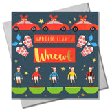 Welsh Christmas Card, Wncwl, Uncle Subuteo & Cars, text foiled in shiny gold