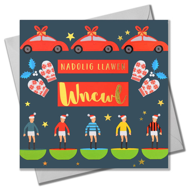 Welsh Christmas Card, Wncwl, Uncle Subuteo & Cars, text foiled in shiny gold