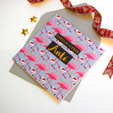 Welsh Christmas Card, Anti, Aunt Flamingoes in Santa Hats, text foiled in shiny gold