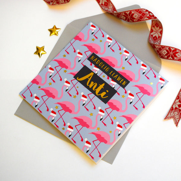 Welsh Christmas Card, Anti, Aunt Flamingoes in Santa Hats, text foiled in shiny gold