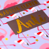 Welsh Christmas Card, Anti, Aunt Flamingoes in Santa Hats, text foiled in shiny gold