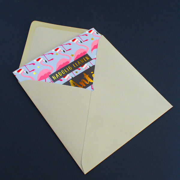 Welsh Christmas Card, Anti, Aunt Flamingoes in Santa Hats, text foiled in shiny gold